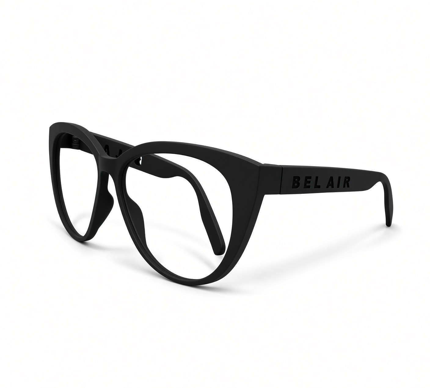 Bel Air oversized cat-eye low nose bridge frame in matte black nylon, three-quarter view