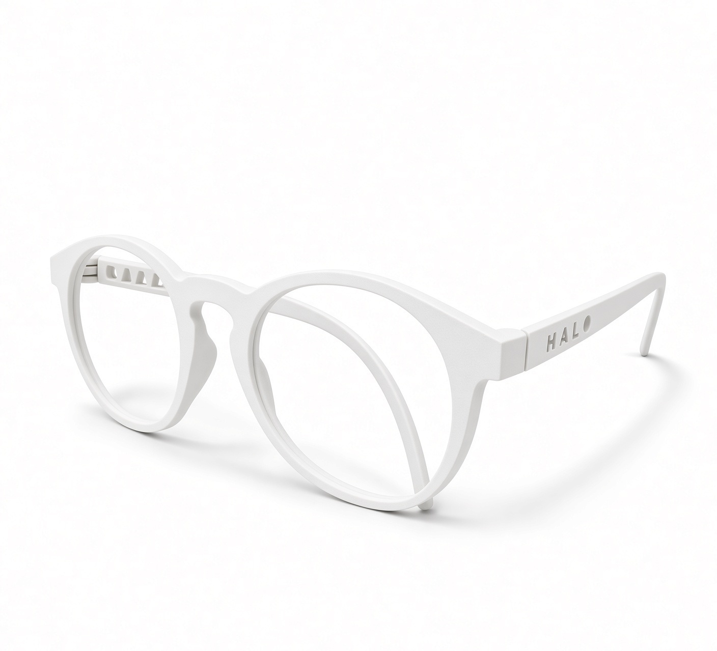 Halo soft square glasses frame in white PA12 nylon, three-quarter view