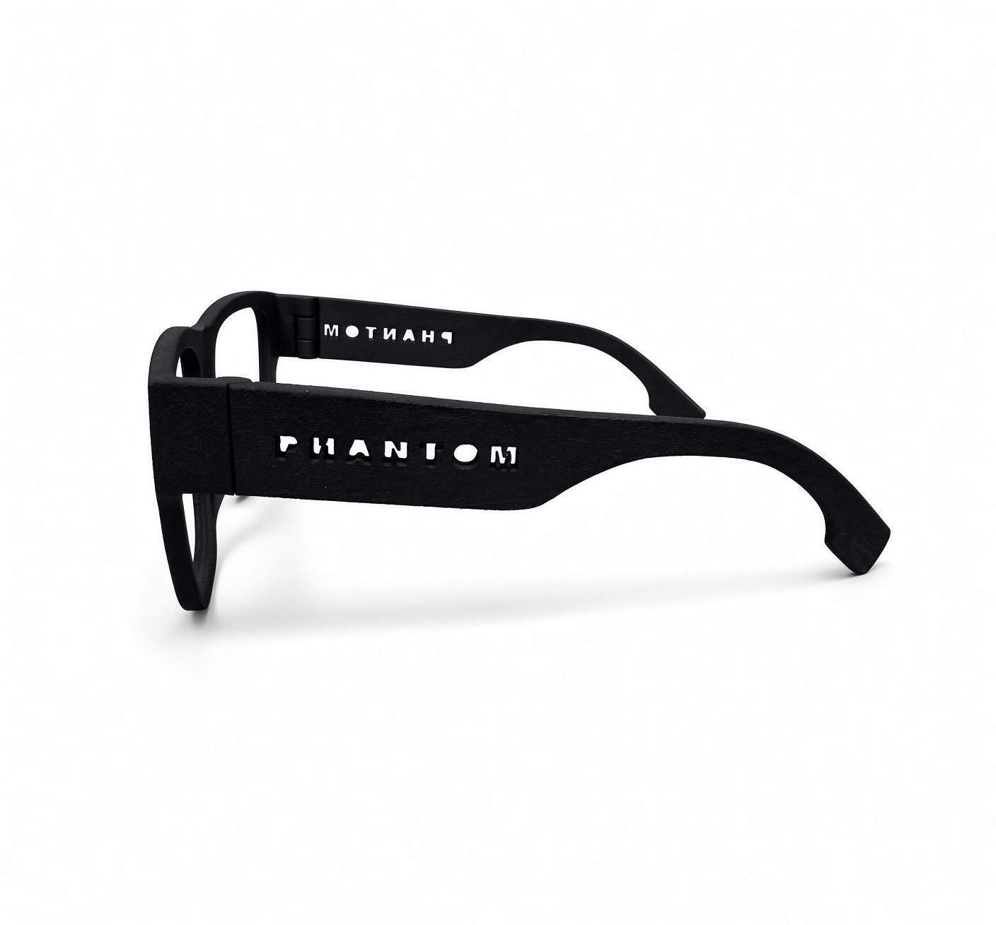 Phantom bold glasses with cut-out temple lettering in matte black PA12, side view